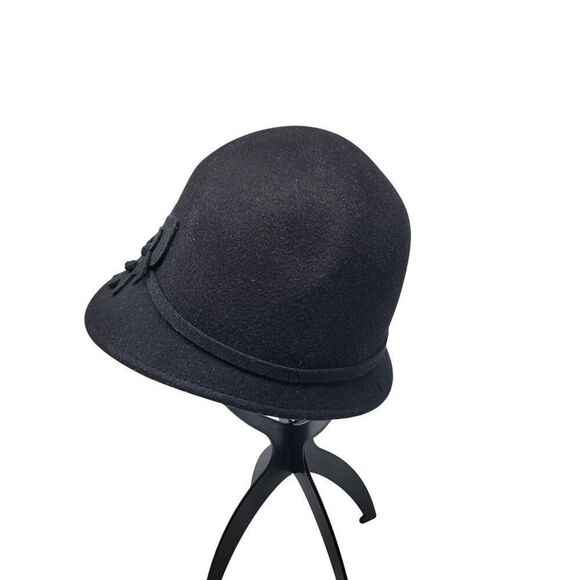 Giovannio Womens Black Wool Felt Cloche Hat Ribbon Flower Bow Retro Roaring 20s - Picture 4 of 8